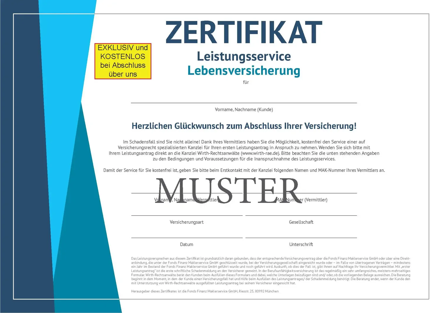 Muster des Leistungszertifikats für Unterstützung beim ersten BU-Leistungsantrag